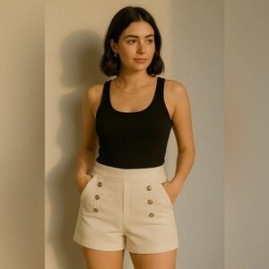 Blue Sol Pull-On Shorts L | High-Waist Sailor Button Front | Coastal Chic Preppy